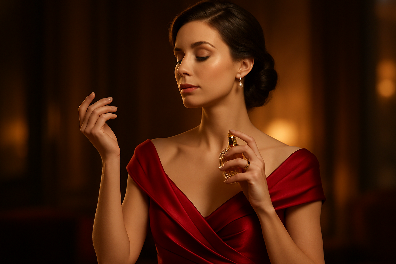 mujer elegante con vestido rojo perfumandose