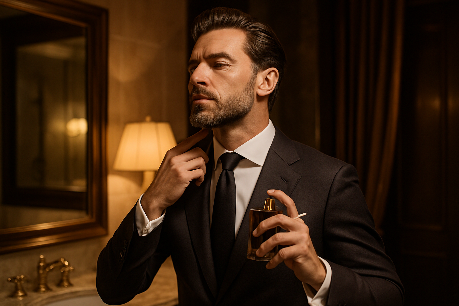 hombre elegante echándose perfume 
